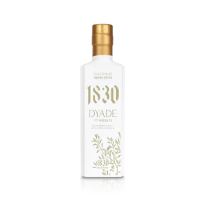 250ml extra virgin olivenolje på lakkert glassflaske. Glassflasken er hvit og har et klassisk design med en stilisert olivengren.