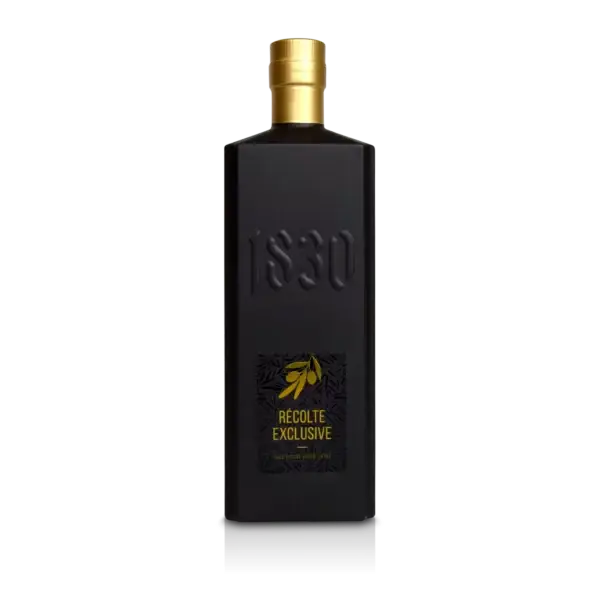 Bastidettes olivenolje i sort foliert glassflaske med gullkork.