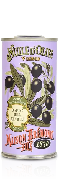 Produktbilde av olivenoljen, lilla metallboks i 100ml med oliven på forsiden.
